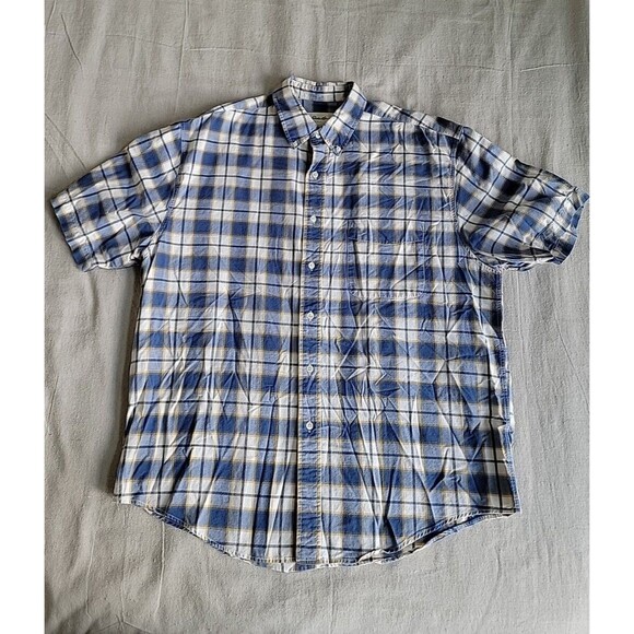 Eddie Bauer Mens L Shirt Button Up Blue Plaid Short Sleeve Preppy Casual Vtg 90s - Picture 1 of 12